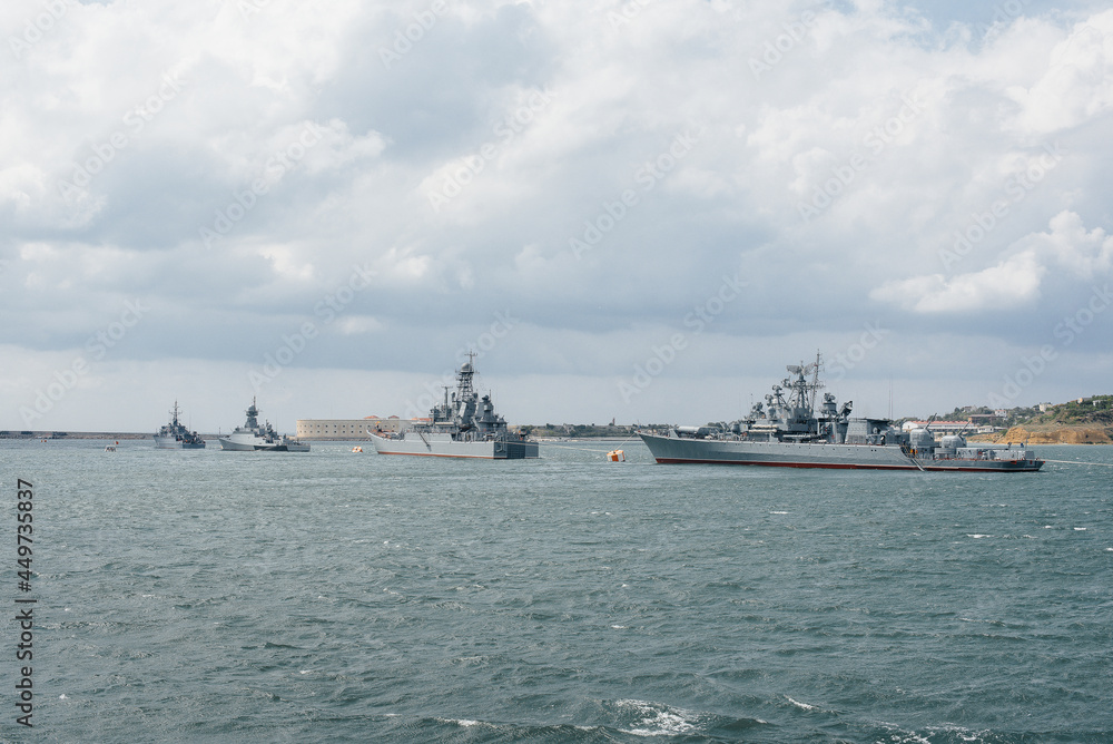 Modern ships of the Navy lined up for the festive parade. Modern ships of the Navy.