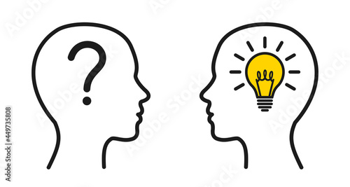 Concept creative idea and innovation, humans head silhouette, light bulb idea and question mark, brainstorming, therapist and patient - vector