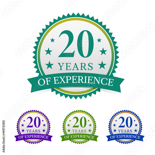 20 years of experience badge with different color options isolated on white background. vector illustration.