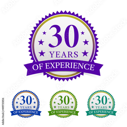 Excellent 30 years of experience vector illustration badge with ribbons, isolated on white background. 