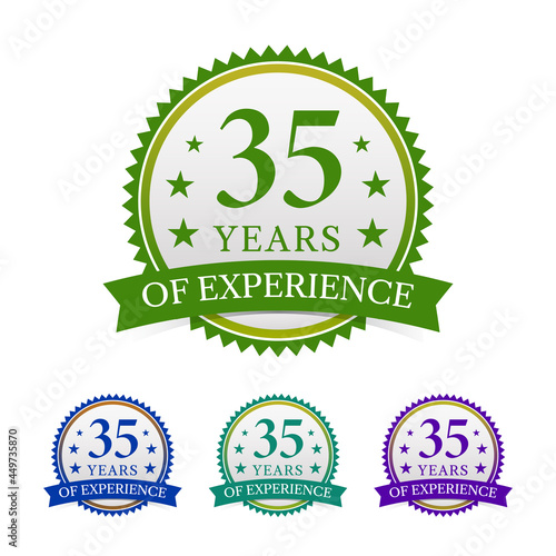 35 years experience label, badge, sign, icon, symbol with ribbons, isolated on white background, vector illustration.