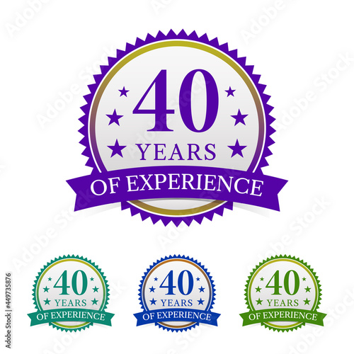 Powerful 40 years experience badge, icon, label, sign on white background, vector illustration.