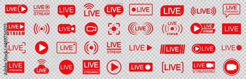 Set of live streaming icons. Set of video broadcasting and live streaming icon. Button, red symbols for TV, news, movies, shows - for stock