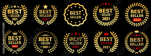 Set best seller 2021 award label icon design with gold laurel wreath, best seller badge logo isolated - stock vector