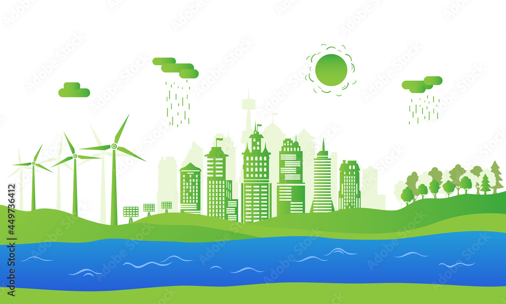 Concept green city with renewable energy sources. Ecological city with blue river, green trees, wind energy and solar panels. Environment conservation.