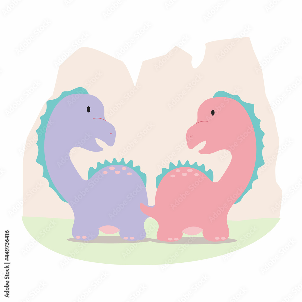 Illustration of a pink and purple dinosaur couple standing together in front of a mountain. Isolated from the background.
