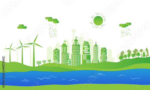Concept green city with renewable energy sources. Ecological city with blue river, green trees, wind energy and solar panels. Environment conservation.