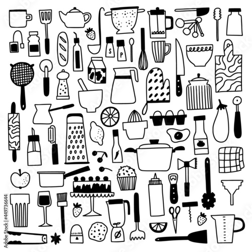 Kichen utencils and cutlery big set. Doodle outline cooking and baking illustration. Cute hand drawn culinary tools and food. 60 tiny icon illustrations for kitchen graphic design.