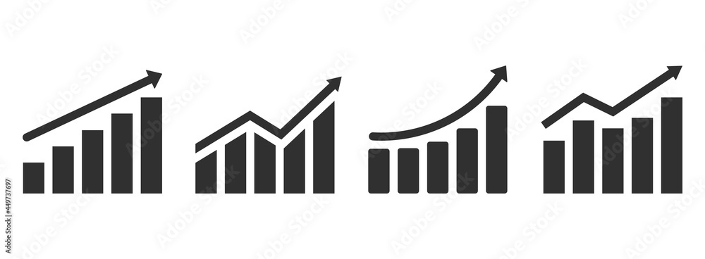 Set of growing graph icons. Profit growing vector, chart increase profit. Graph with arrow. Vector illustration. Set of growing graph icons. Profit growing vector, chart increase profit. Graph with arrow. Vector illustration.