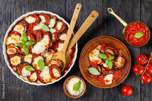 eggplant parmigiana in a baking dish, top view