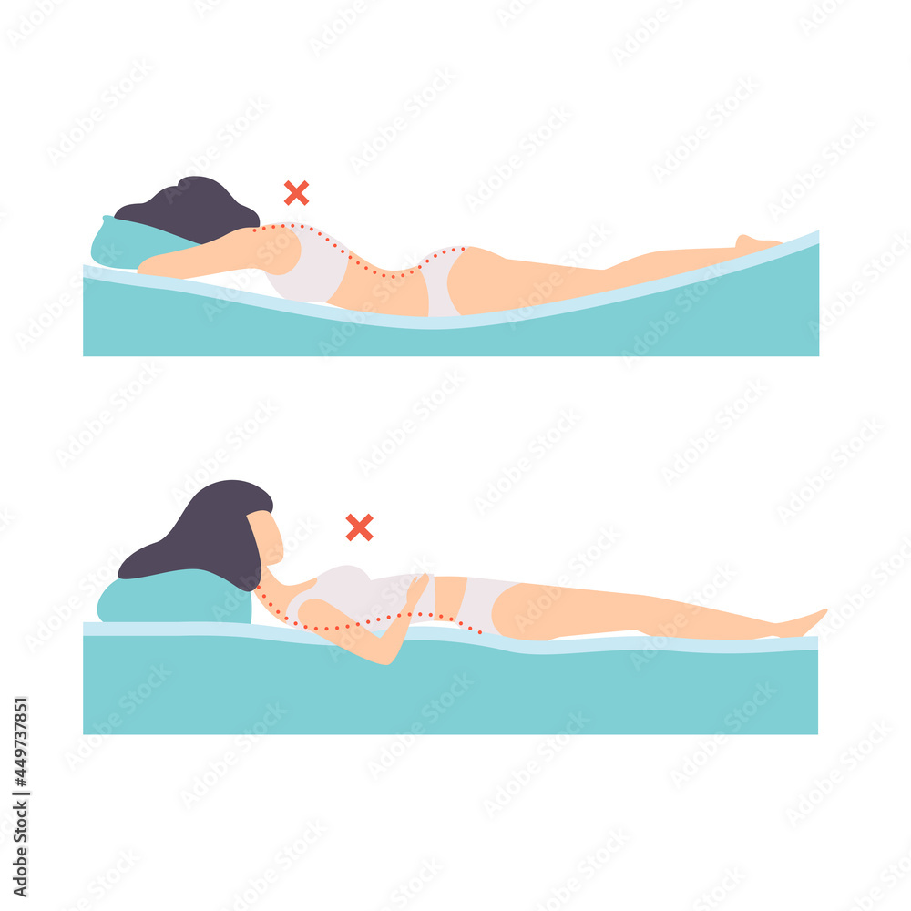 Obraz premium Woman Lying in Incorrect Sleeping Pose for Neck and Spine Vector Set