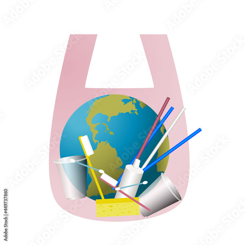 Globe in a plastic bag with garbage. The problem of environmental pollution and the rejection of plastic. Vector illustration on the theme of ecology and zero waste.