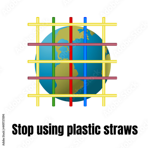 Planet Earth in a cage of plastic straws. The problem of environmental pollution and the call to say no to plastic straws. Zero waste.