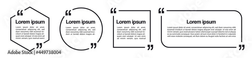 Quote box bubble set template. Black speech frame quotes mark. Isolated blank quote text in geometric shapes. Blog post quotations. Inspiration, motivation concept. Vector illustration. 