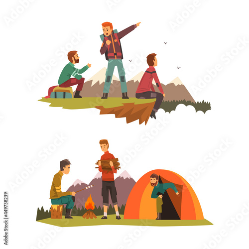 Young Man Character with Backpack Hiking in the Mountains and Sitting at Camp Fire Vector Set