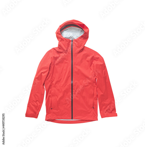 Red membrane windbreaker jacket with hood isolated on white background photo