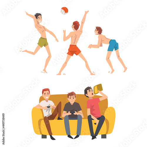 Company of Man Friends Spending Time Together Playing Video Game on Sofa and Beach Volleyball Vector Set