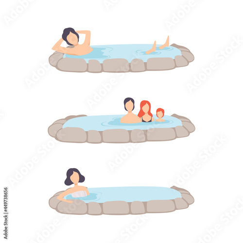 People Characters Enjoying Outdoor Thermal Spring Relaxing in Hot Water Vector Set