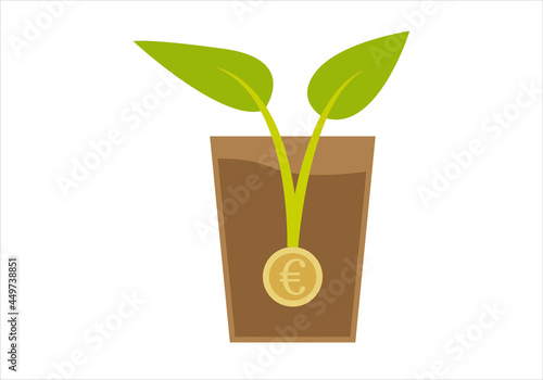 Icono de planta creciendo a partir de una moneda de euro.
