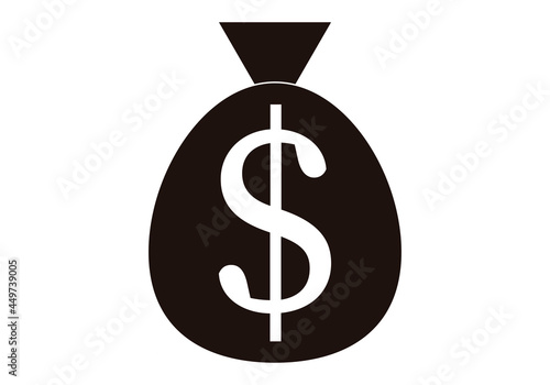 Icono negro de saco de dólares en fondo blanco.