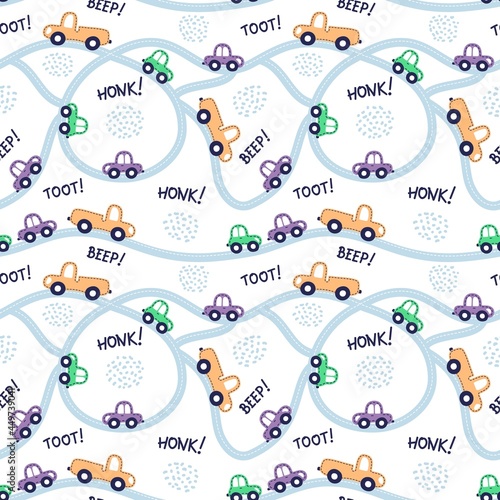 Seamless pattern with cars, road, words Toot, beep. Vector kids background