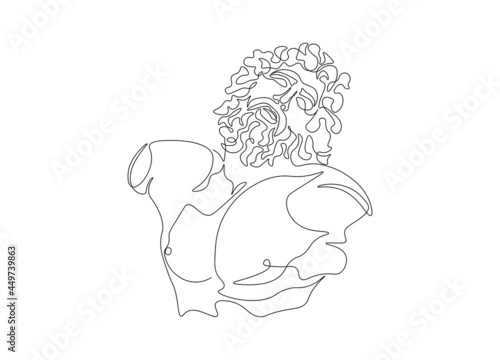 One line greece mythology sculpture. Ancient greek statue continuous line art, Laocoon head torso. Modern vector illustration