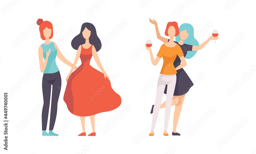 Female Friend Spending Time Together Gossiping and Drinking Wine Vector Set