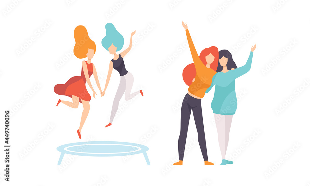 Female Friend Spending Time Together Embracing and Jumping on Trampoline Vector Set Female Friend Spending Time Together Embracing and Jumping on Trampoline Vector Set
