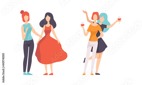 Female Friend Spending Time Together Gossiping and Drinking Wine Vector Set