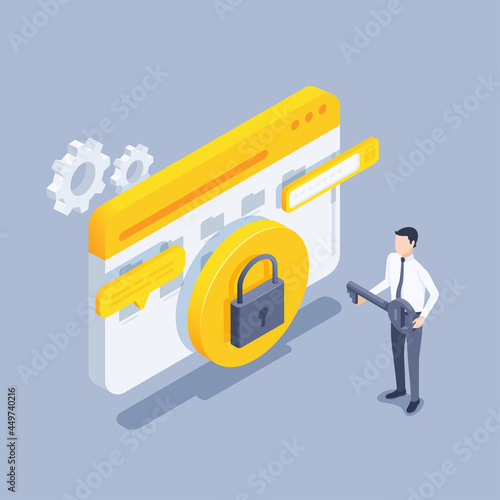 isometric vector illustration on gray background, password protection, program window with lock icon and man with key