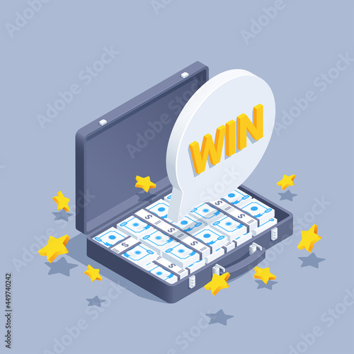isometric vector illustration on gray background, suitcase with money and messages with the inscription win, big jackpot