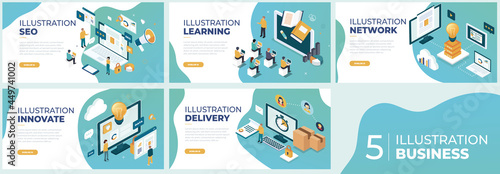 Business isometric illustrations. Mega set. Collection of scenes with men and women taking part in business activities. 