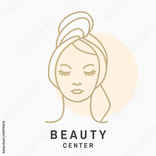 Woman face for logo, label, badge, emblem. Pretty lady wrap towel. Beauty center sign for cosmetics, jewellery, beauty and handmade products, tattoo studios. Linear trendy style. Vector illustration