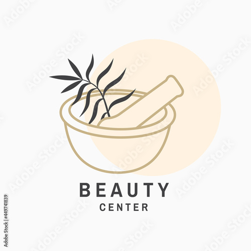 Beauty center with flowers, mortar and pestle for logo, label, badge, sign, emblem. For cosmetics, jewellery, beauty and handmade products, tattoo studios. Linear trendy style. Vector illustration.