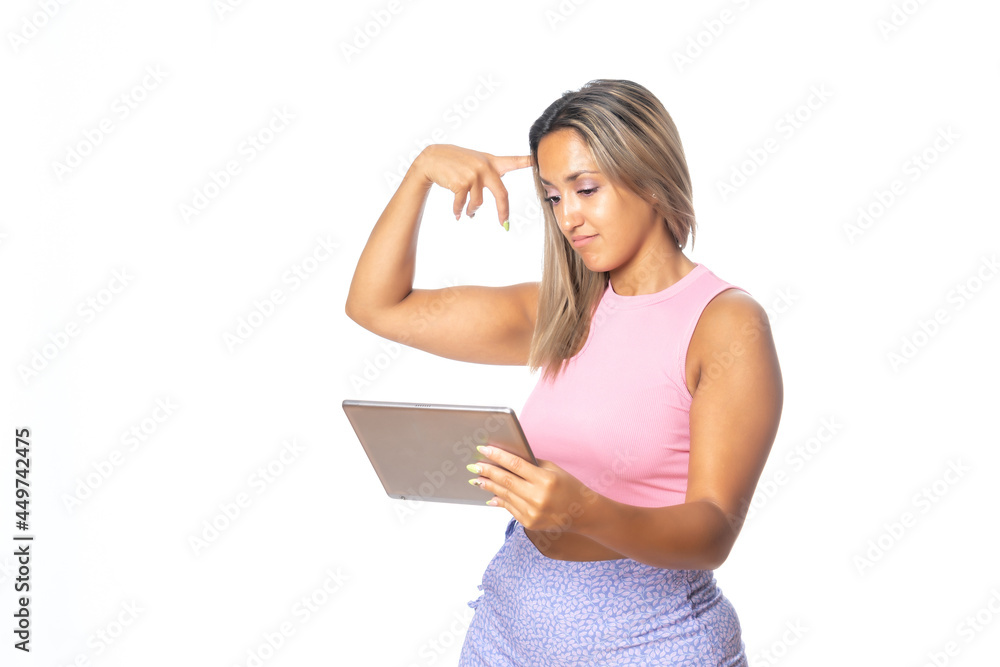 Super happy girl holding a tablet isolated on white background Super happy girl holding a tablet isolated on white background