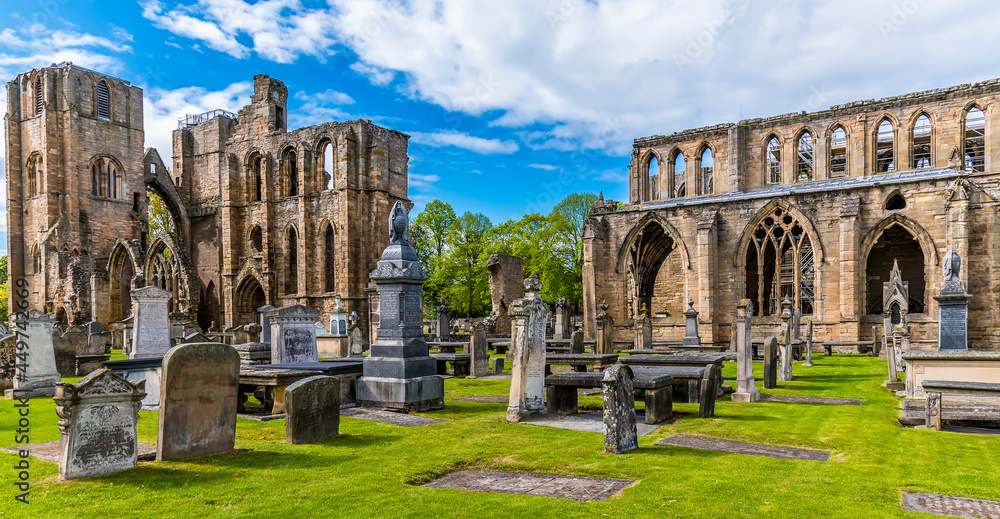 A panorama view across the ruins of Elgin Cathedral, Scotland on a summers day