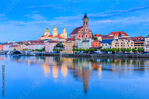 Passau, Germany. Panorama of the "City of Three Rivers" in front of the Danube river.