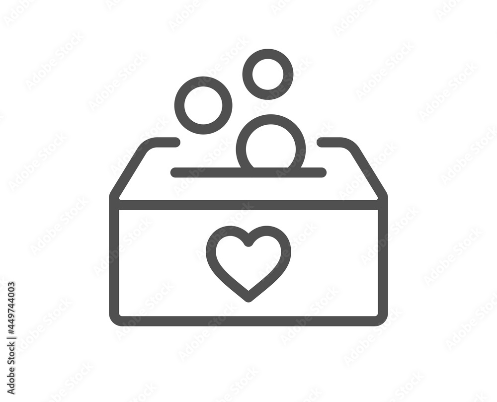 Donate money box line icon. Fundraising box sign. Donation coin symbol. Quality design element. Linear style donation icon. Editable stroke. Vector Donate money box line icon. Fundraising box sign. Donation coin symbol. Quality design element. Linear style donation icon. Editable stroke. Vector