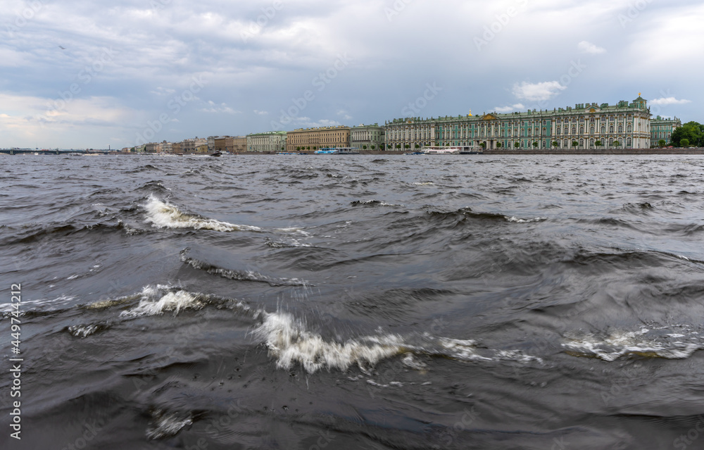 Cold waves of the Neva River in front of the Winter Palace in St. Petersburg