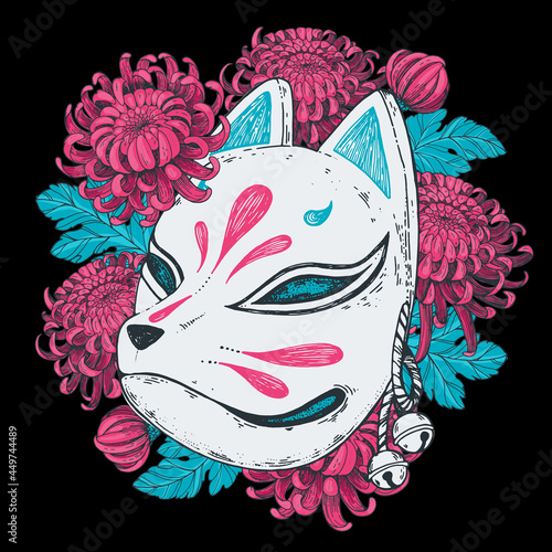 Kitsune mask with chrysanthemum flowers hand drawn vector illustration. Traditional japanese demon. Tattoo print. Hand drawn illustration for t-shirt print, fabric and other uses.