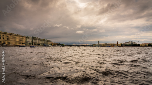 Panorama of St. Petersburg during bad weather  view from the Neva River bed