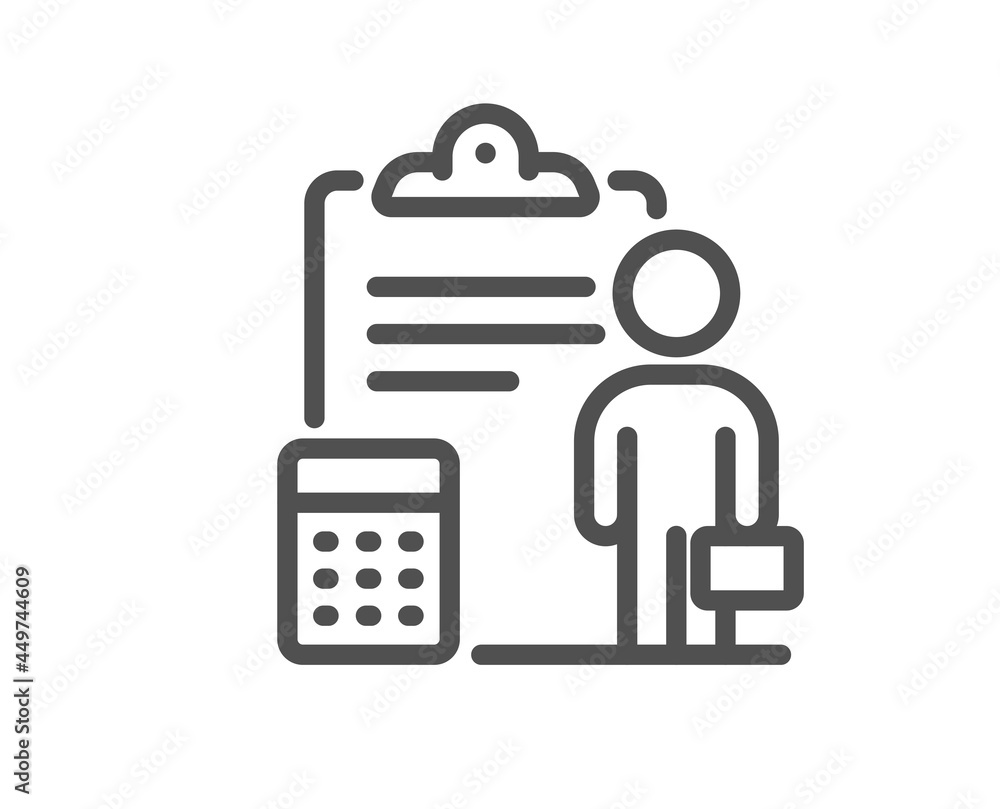 Accounting line icon. Realtor service sign. Calculate budget report symbol. Quality design element. Linear style accounting icon. Editable stroke. Vector Accounting line icon. Realtor service sign. Calculate budget report symbol. Quality design element. Linear style accounting icon. Editable stroke. Vector