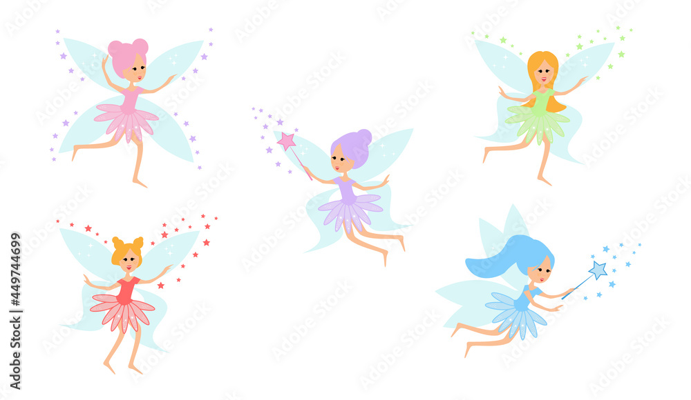 Set Of Flying Fairies Of Many Colors And Poses Vector Illustration Cartoon Character
