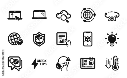 Vector set of Quickstart guide, Motherboard and Low thermometer icons simple set. Document, Medical drugs and Eco energy icons. Cloud computing, Light bulb and Swipe up signs. Vector