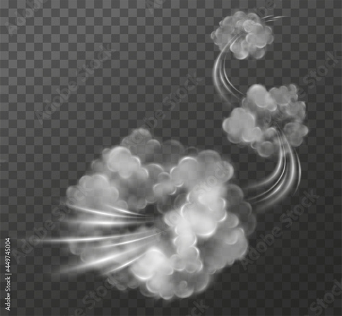 Smoky speed trail in style of comics. Dynamic exploding clouds. Fume flow motion effects on transparent background