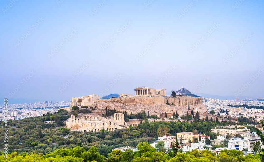 Acropolis from the Filopappos hill in Athens, Greece