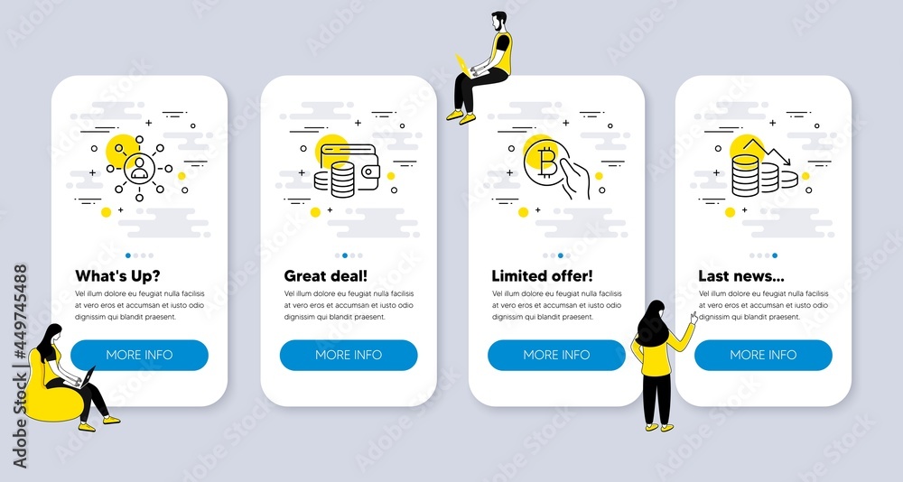 Vector Set of Finance icons related to Bitcoin pay, Networking and Wallet money icons. UI phone app screens with people. Money loss line symbols. Vector