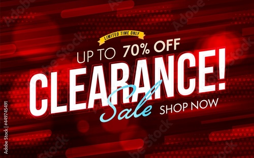 Clearance sale up to 70 percent banner template design. Promotion poster with wholesale condition advertising on blurred motion background. Best commercial offer. Vector illustration