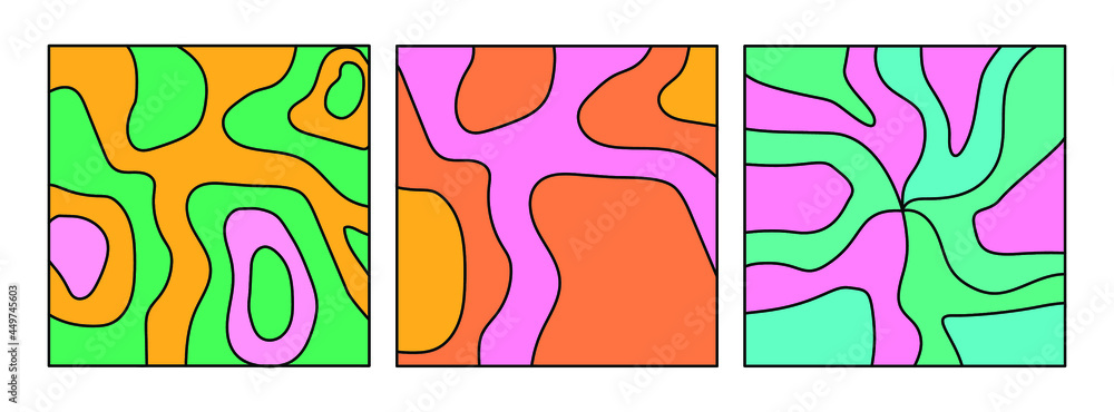 Fototapeta premium Set of psychedelic the 70's style backgrounds with melting flowing abstract shapes.