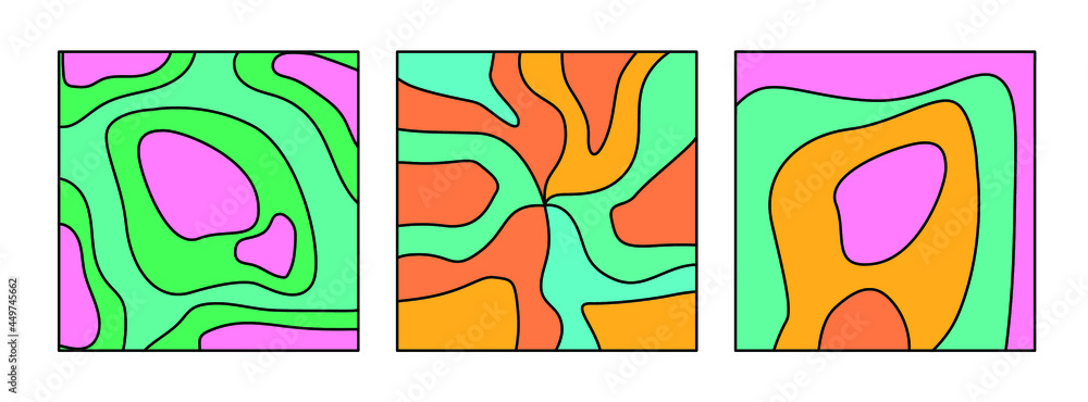 Set of psychedelic the 70's style backgrounds with melting flowing abstract shapes.